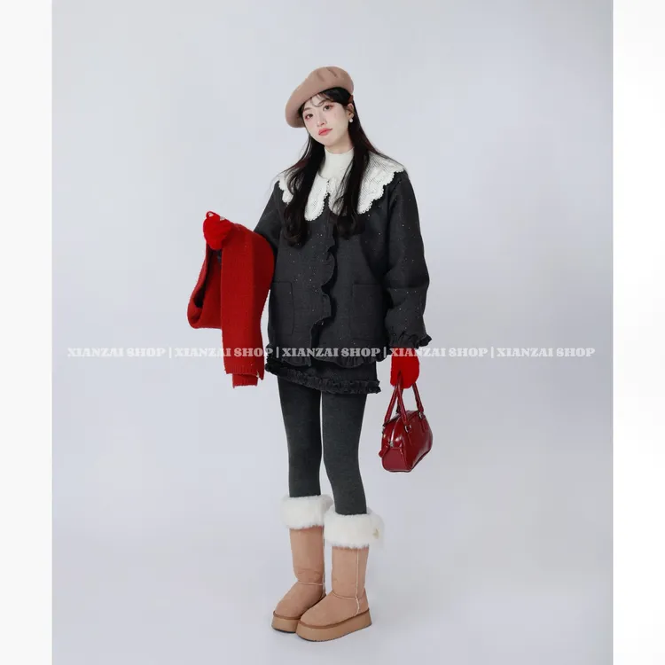 XIANZAI【甜妹本人】冬季新款娃娃领拼接木耳边羽绒外套短裙两件套