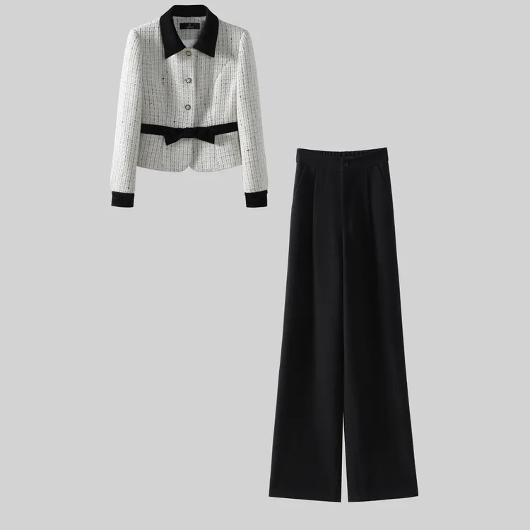 【纪朵研】Y029加厚款小香风时尚套装女装高腰复古套装秋冬阔腿裤女