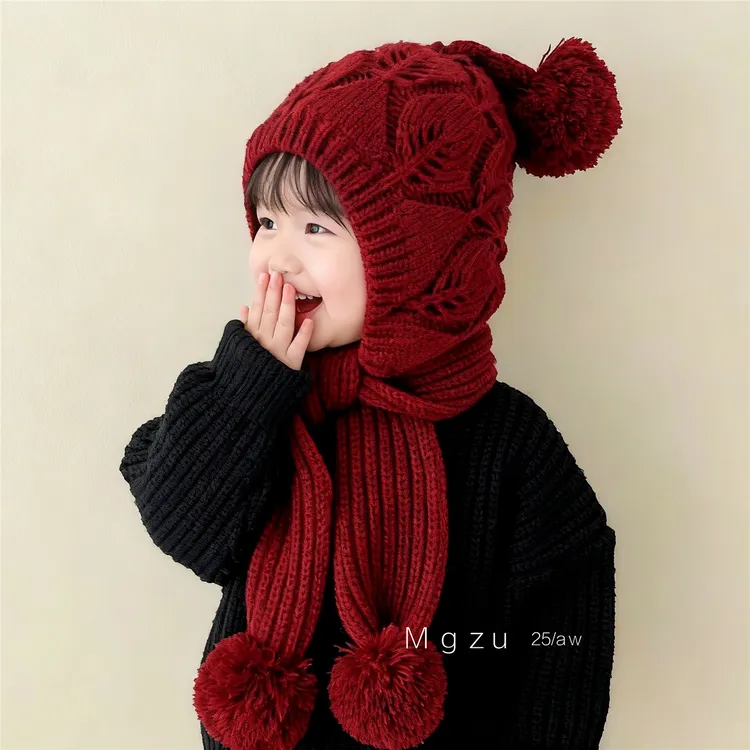 儿童帽子围巾一体帽秋冬季男童女童针织帽毛线护耳帽红色新年帽潮