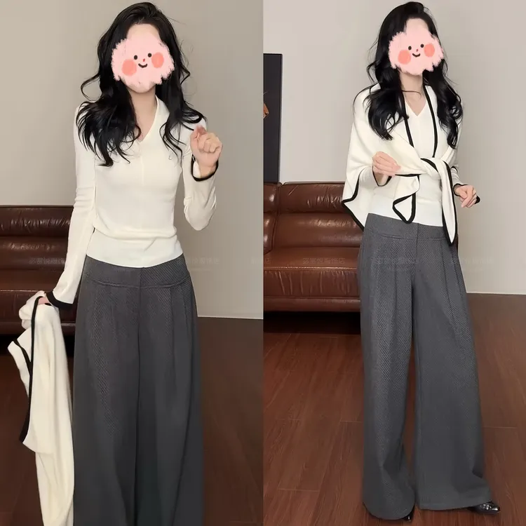 2025早秋新款轻奢松弛真两件设计感针织衫显瘦气质百搭西裤套装女