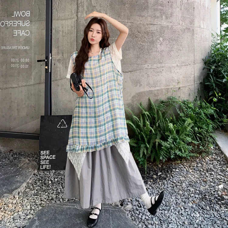 绝美温柔风格子罩衫裙套装女夏季2025新款蕾丝T恤高腰裙裤三件套