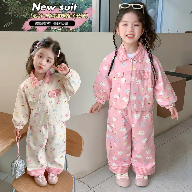 女童秋装牛仔套装新款儿童洋气卡通猫咪外套女宝宝春秋休闲两件套