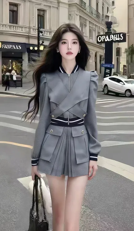 时尚休闲通勤风灰色长袖设计感上衣+灰色不规则半身裙女显瘦套装