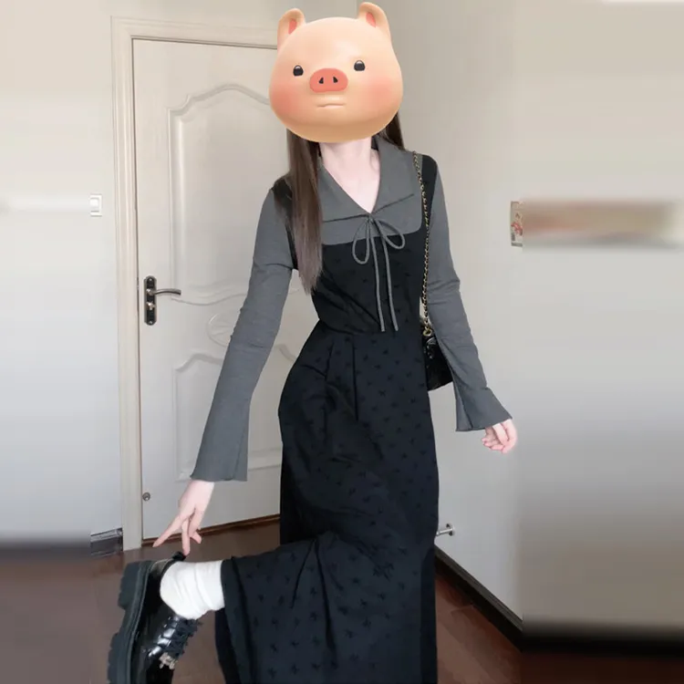 法式气质赫本风假两件灰色收腰显瘦连衣裙子长裙女秋季新款8597