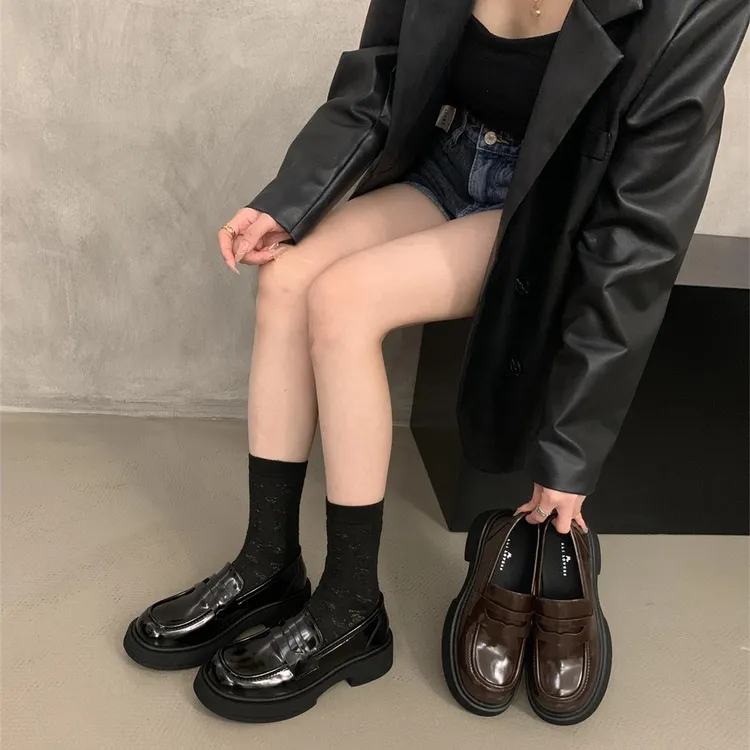 开学季~厚底黑色小皮鞋女2025春秋冬季一脚蹬圆头增高乐福鞋单鞋