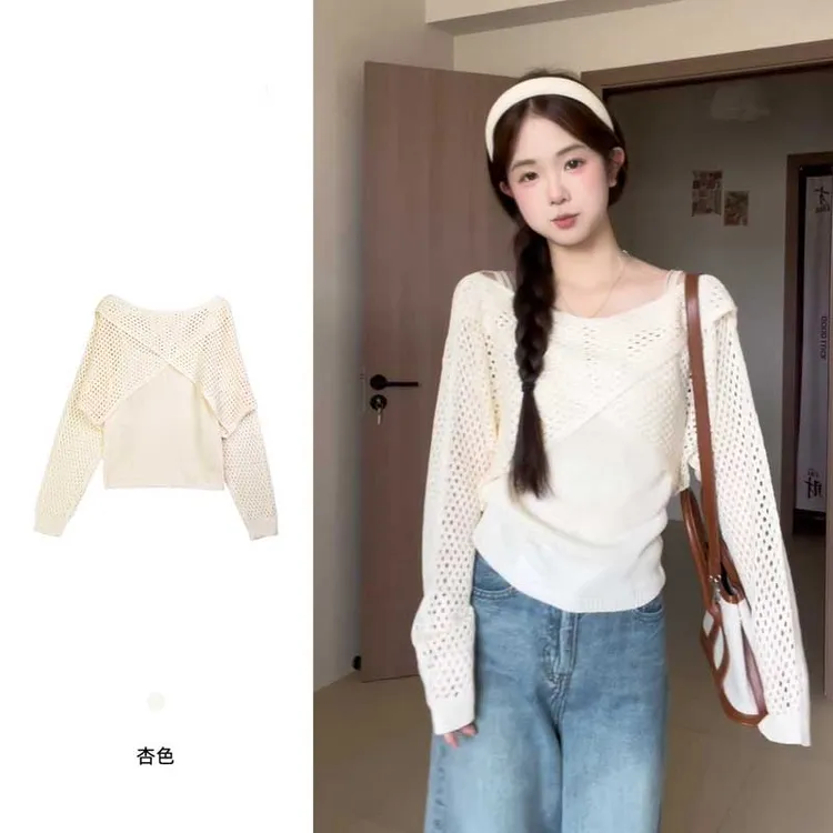 韩系温柔风春秋季新款镂空针织罩衫纯色百搭背心吊带两件套女套装