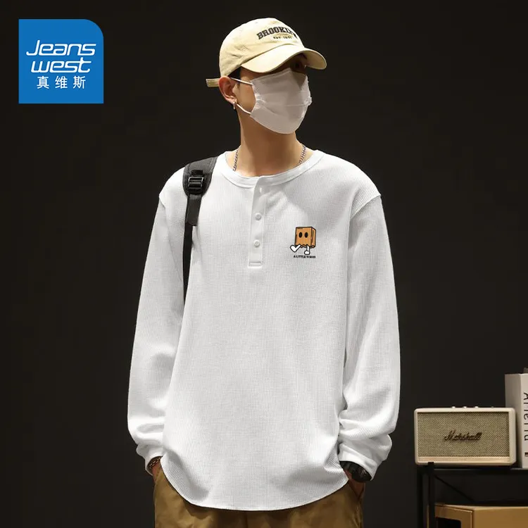真维斯亨利领长袖t恤男女秋季新款青少年宽松百搭休闲透气打底衫