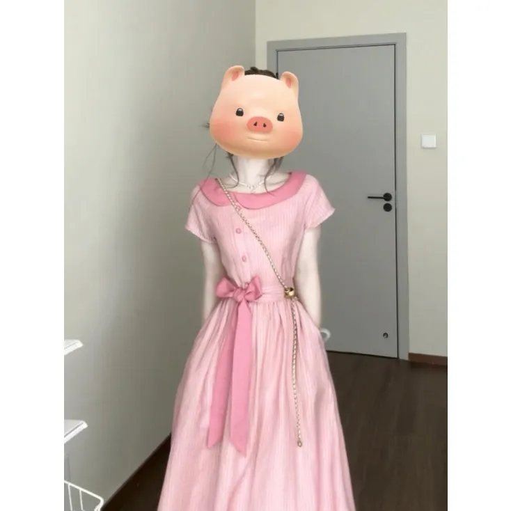 MARIE.COCO法式温柔粉色条纹短袖连衣裙女漂亮气质蝴蝶结收腰长裙