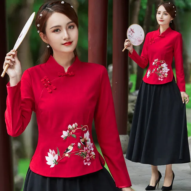 秋冬新款加厚中式中国风唐装复古修身短款民国风旗袍刺绣长袖上衣