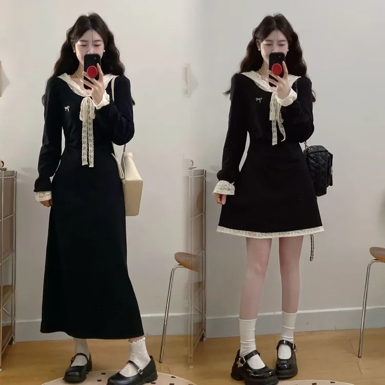 大码法式富家千金连衣裙女春季高级感小黑裙胖MM遮肚显瘦裙子