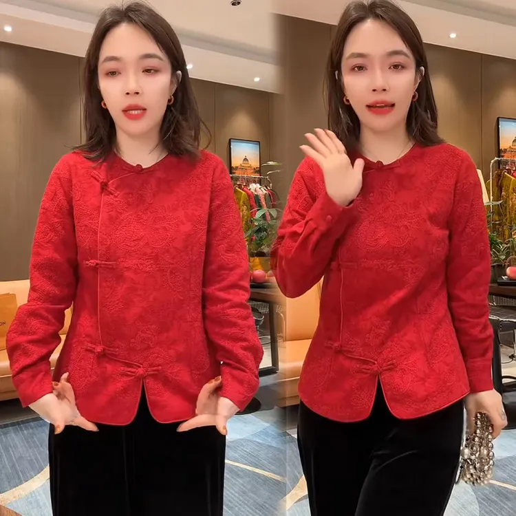 国潮风上衣女冬季时尚提花侧盘扣圆领上衣气质显瘦本命年红色上衣