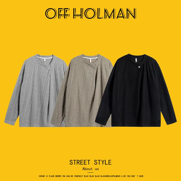 新款潮流休闲针织长袖上衣纯色圆领宽松百搭套头简约打底衫男