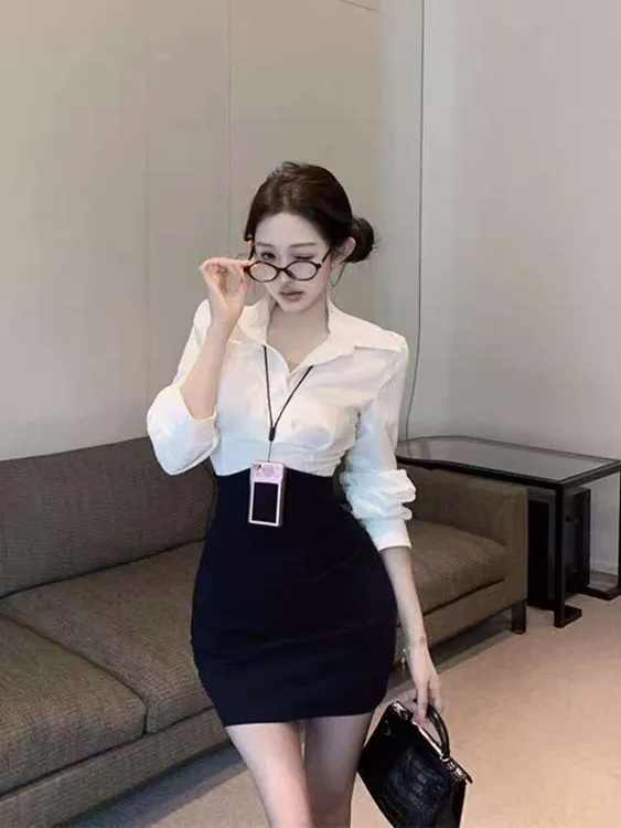 9973-1气质御姐职场海妖风纯欲长袖衬衫上衣高腰显瘦包臀连衣裙