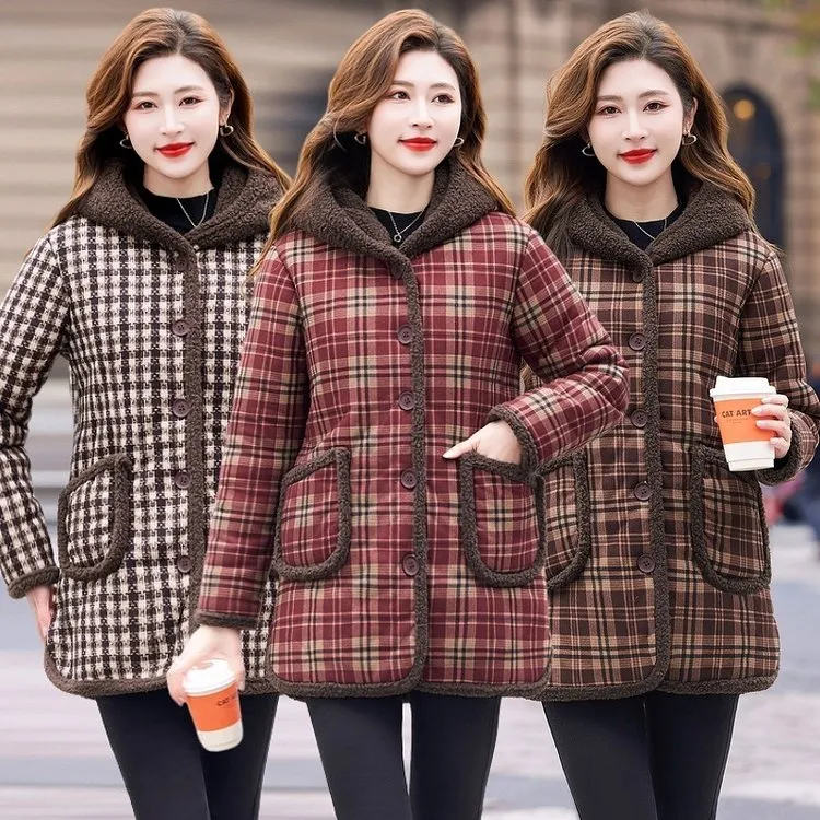 （棉被款）冬装加绒加厚棉衣外套女新款保暖格子连帽棉袄中老年
