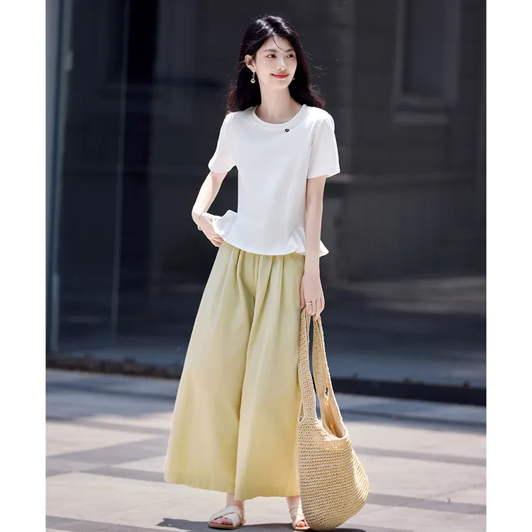 尚静极简风小清新套装裤女2025夏季新款白色T恤+高腰休闲裤阔腿裤