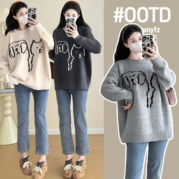 孕妇毛衣2025秋冬装新款猫和狗卡通针织衫圆领上衣长袖外穿保暖款