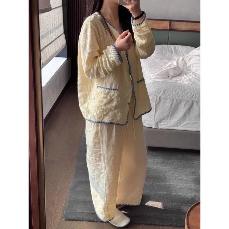 【简约纯色】慵懒风长袖棉纱睡衣女春夏新款大码显瘦长裤家居服套装