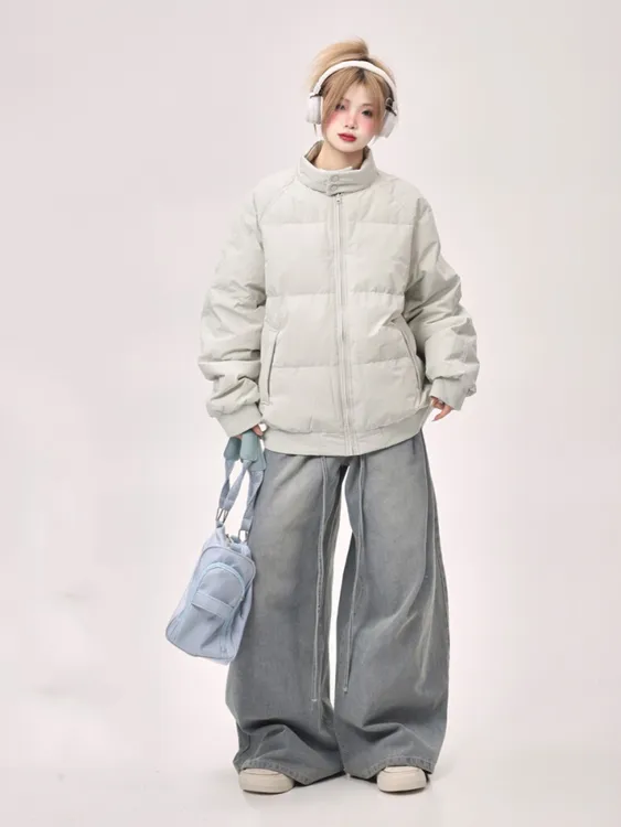 899韩版盐系时尚立领纯色刺绣棉服外套女生冬季高级感宽松面包服