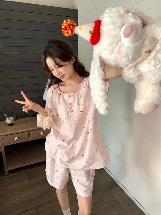 【粉嫩kt】可爱卡通猫咪短袖睡衣女款夏季新款可外穿家居服套装学生