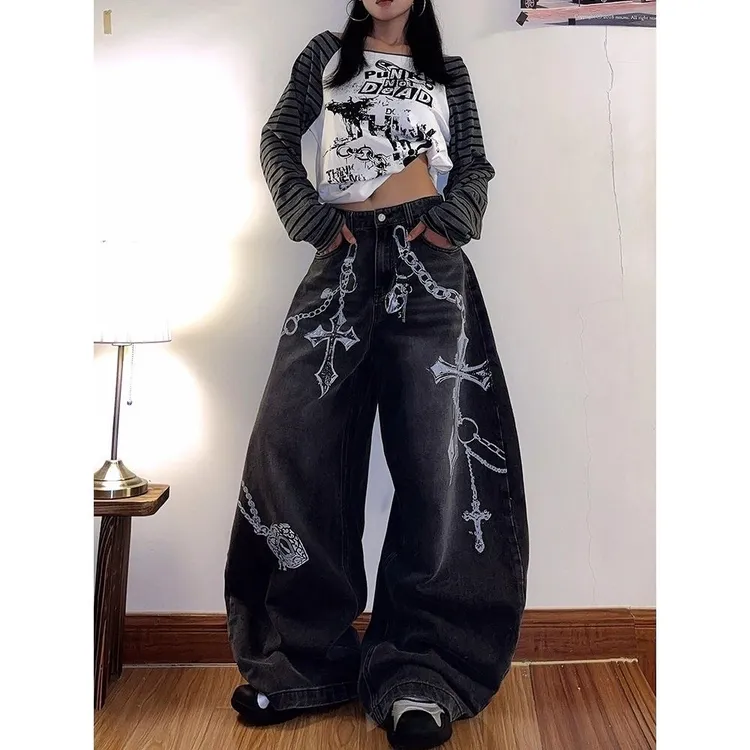 美式复古链条十字架印花水洗牛仔裤男女生阔腿弯刀百搭显瘦裤子潮
