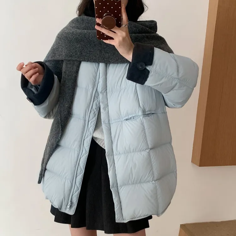 韩系女装圆领围巾中长款90白鸭绒羽绒服2025冬季宽松百搭保暖外套