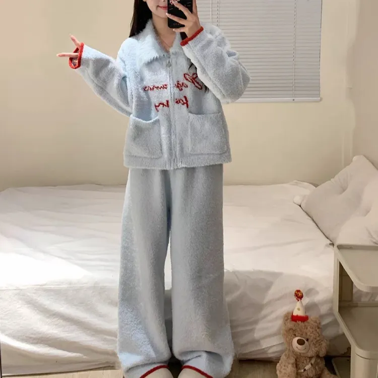 韩版毛绒翻领半边短毛绒女士秋冬保暖加厚长裤家居服睡衣