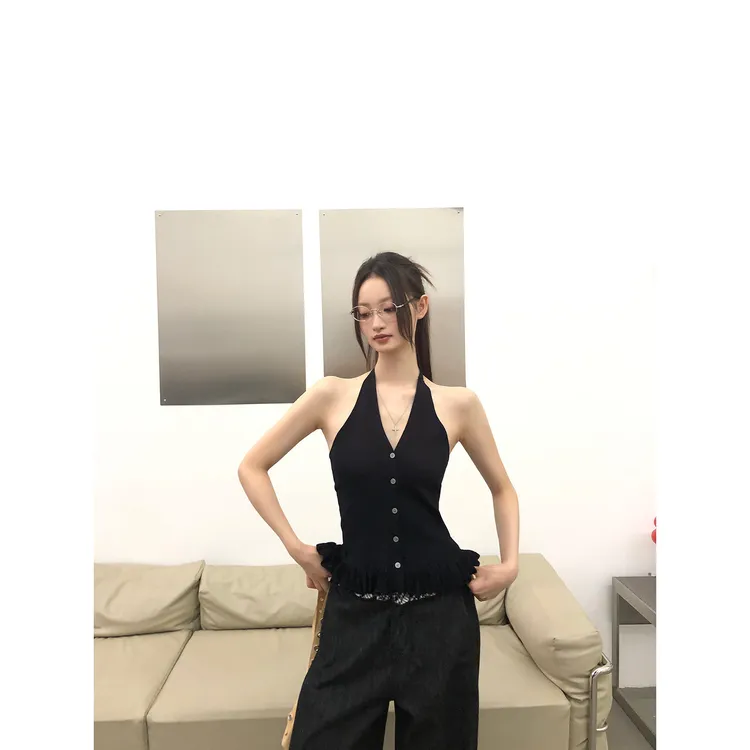 【黑道千金背心】夏季法式气质高级感薄款挂脖马甲背心SJ9004#