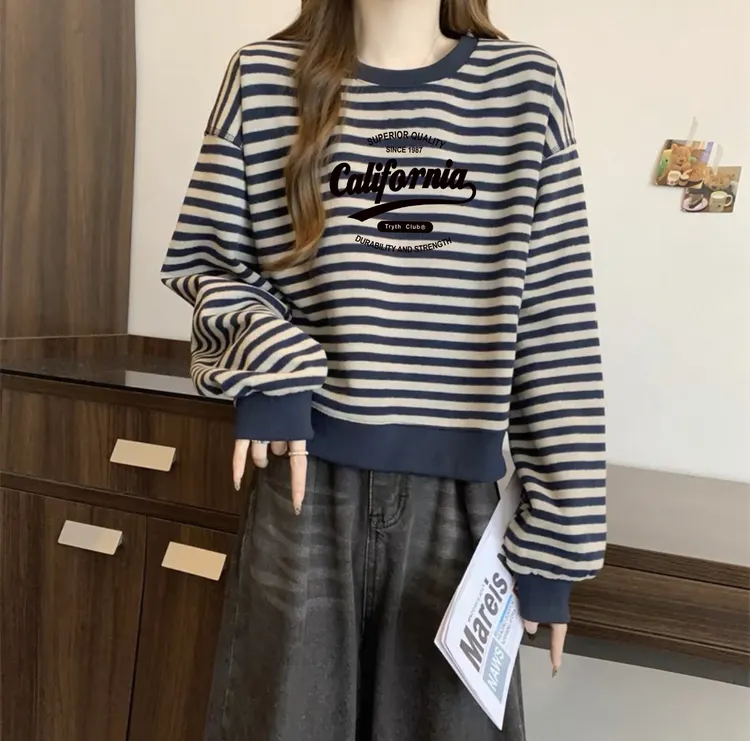 慵懒风 经典百搭撞色条纹长袖T恤女2025秋装新款通勤气质百搭上衣