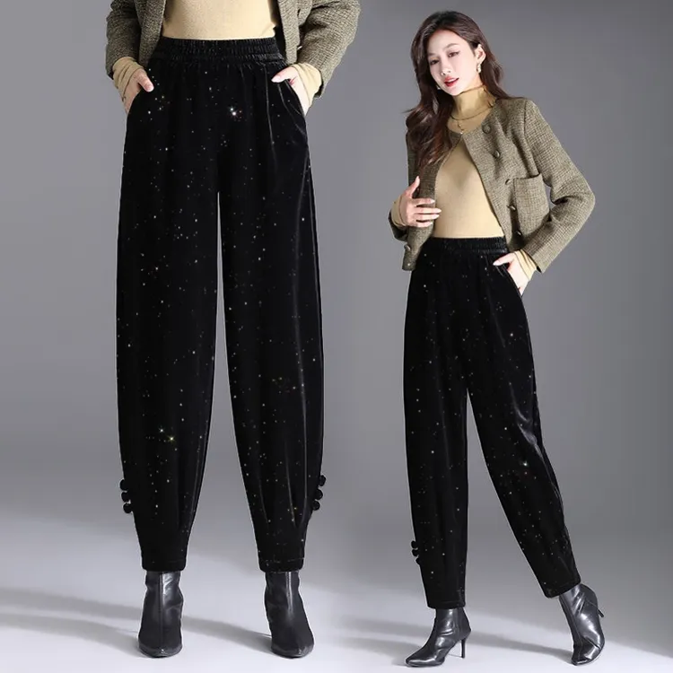 亮钻金丝绒裤子女款爆款2025新款秋冬季哈伦裤高腰宽松加绒灯笼裤