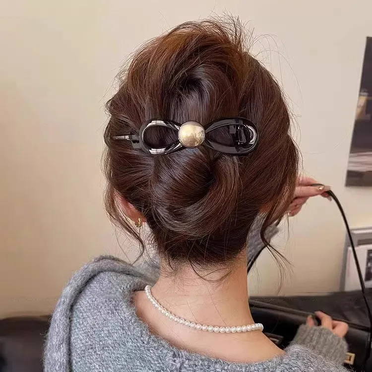 蝴蝶结气质珍珠一字抓夹女扭扭发夹后脑勺鲨鱼夹子百搭夹头发优雅