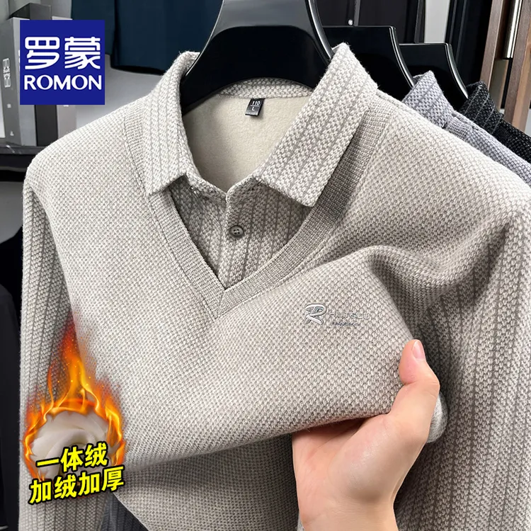 罗蒙秋冬季假两件男士毛衣一体绒衬衫领打底衫加厚保暖中年针织衫