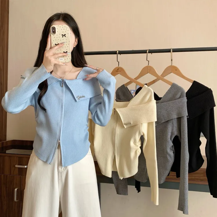 2025春季大码女装新款纯欲辣妹不规则一字肩薄款针织衫