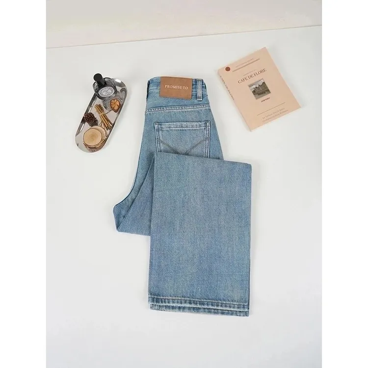 玖【送运费险】2025春夏款雾霾蓝窄版阔腿无弹高腰牛仔垂坠直筒裤