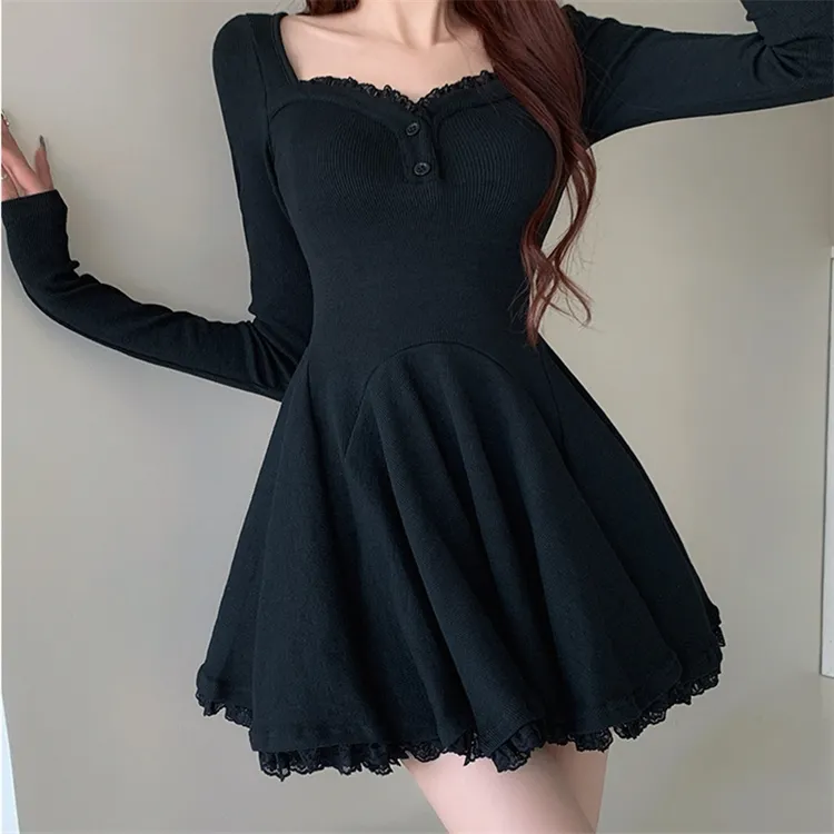 纯欲蓬蓬性感蕾丝连衣裙女秋季新款长袖收腰气质辣妹百褶A字短裙