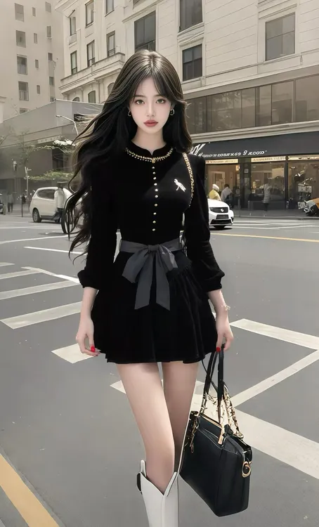 时尚气质显瘦千金风黑色圆领长袖收腰系带小众设计高级感连衣裙女