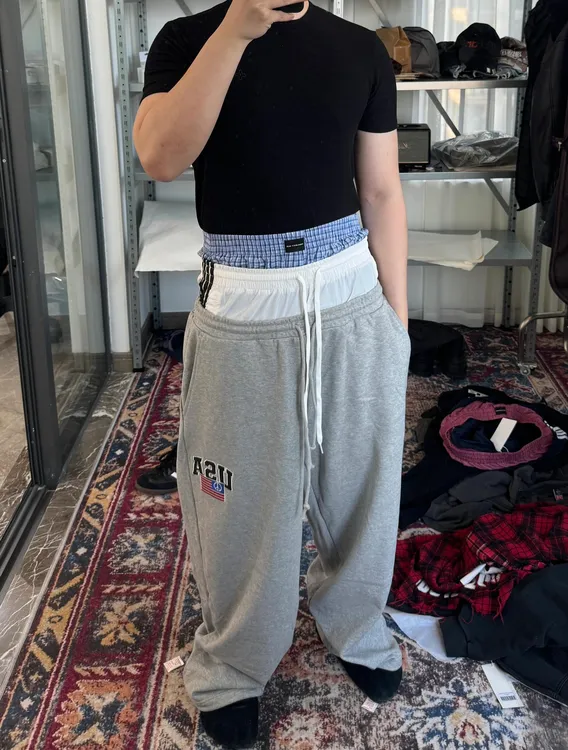 DMC CREATE假三腰拼接抽绳裤阔腿Baggy运动刺绣灰色卫裤韩