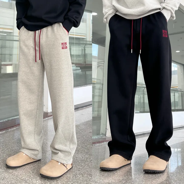 秋冬季加绒松紧腰抽绳宽松百搭休闲裤男士时尚简约刺绣高档卫裤潮