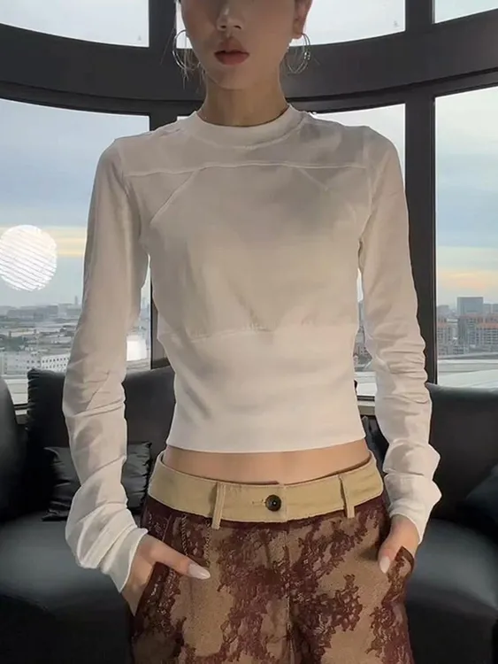 2025早春款韩版百搭简约白色长袖打底T恤女韩系修身显瘦正肩上衣