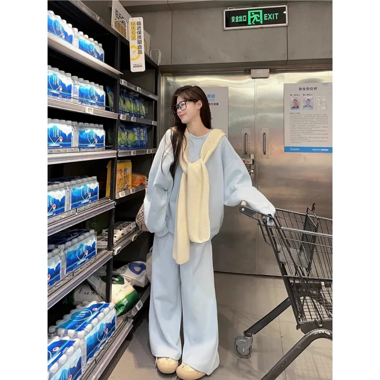 运动套装女春秋韩系穿搭时尚学生宽松显瘦披肩圆领卫衣长裤三件套