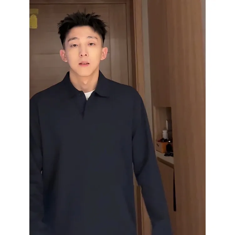 藏青色珠地棉翻领polo衫卫衣男设计感小众假两件长袖t恤开春外套
