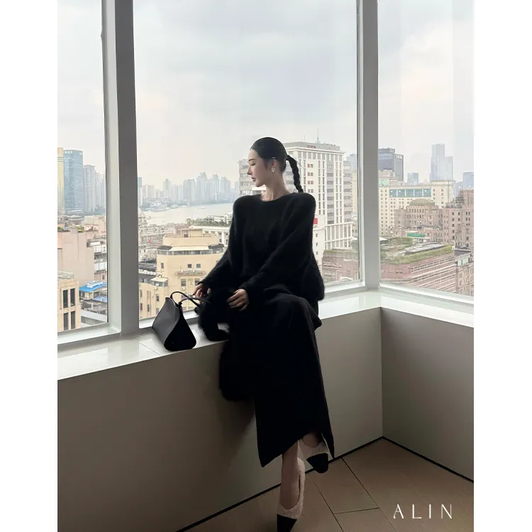 阿琳ALIN【千山暮雪】秋冬圆领羊绒羊毛混纺蝙蝠袖针织衫女AL5PZT11