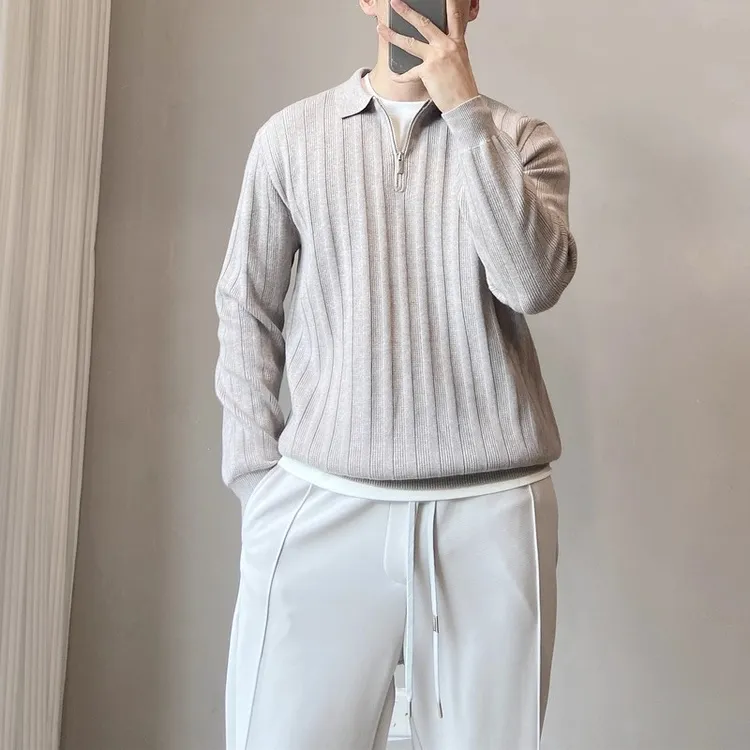 男士半拉链针织衫新款秋季轻熟简约风休闲宽松条纹翻领白色毛衣男