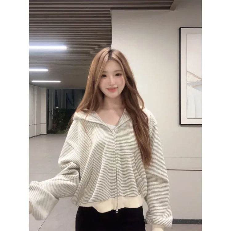 复古设计感美式拉链秋冬连帽加绒加厚条纹卫衣女宽松显瘦外套潮