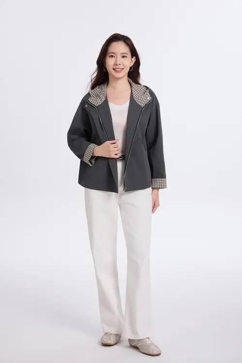 花清苓休闲拉链女上衣撞色薄款短外套时尚秋季街头风连帽气质宽松