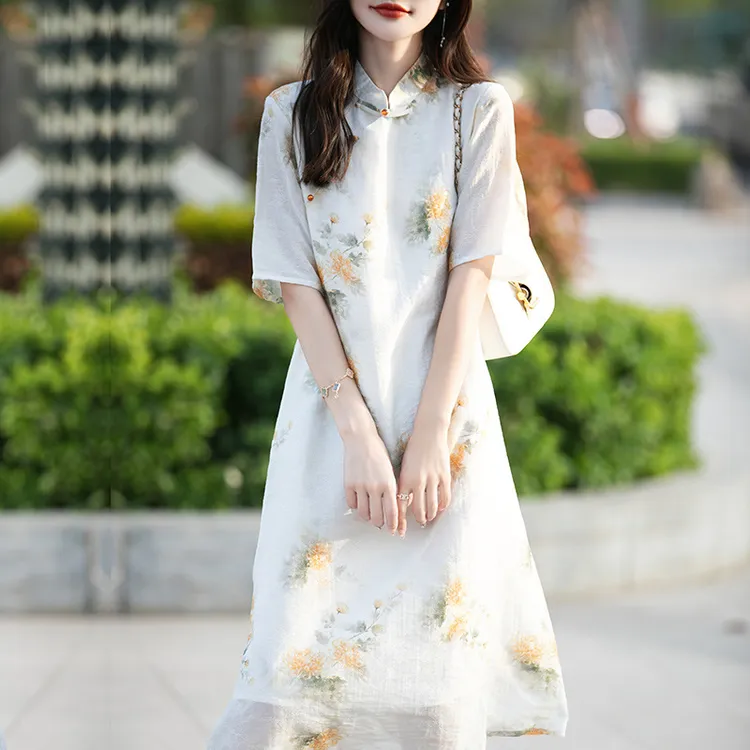 天丝短袖国风素雅连衣裙女夏款改良盘扣设计旗袍裙百搭清新立领