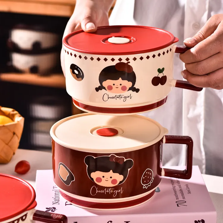 可爱带盖泡面碗宿舍学生高颜值陶瓷带手柄大容量面碗食品级可微波