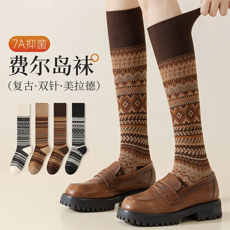 秋冬款复古小腿袜双针双路及膝袜网红小众潮流女袜美拉德保暖袜子