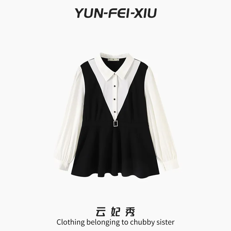 云妃秀大码女装衬衫时尚休闲胖妹妹显瘦宽松翻领上衣秋季68673