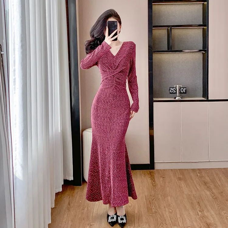 女神范高级感小礼服鱼尾长裙烫钻名媛高端连衣裙