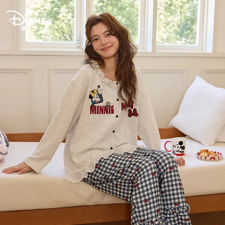 Disney迪士尼女秋冬羊绒开衫长袖长裤带胸垫舒适休闲家居服0206